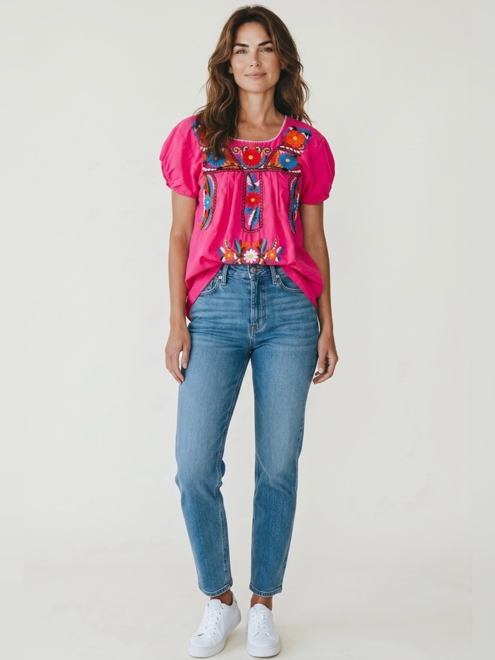 Handmade Short Sleeve Floral Embroidered Blouse // Pink // Medium